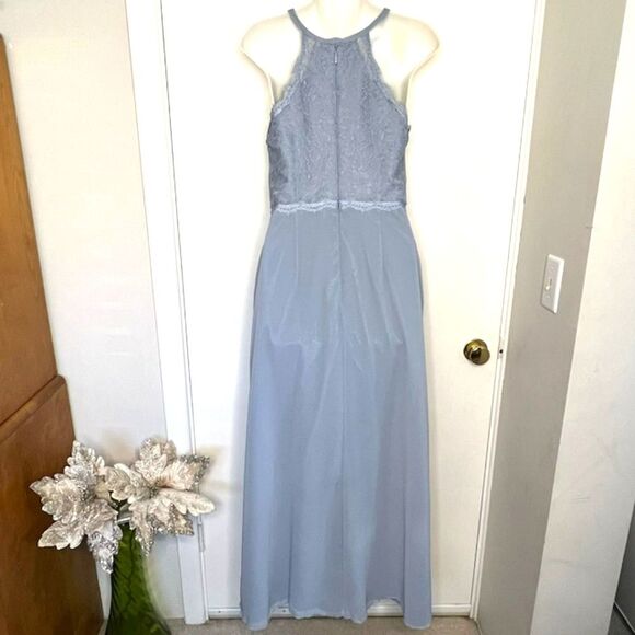 AZAZIE DUSTY BLUE LACE & CHIFFON FORMAL KEYHOLE HALTER TOP BRIDESMAID MOB MOG - Picture 10 of 12